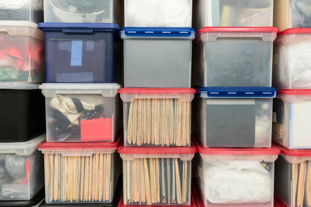 storage bins stacked up and organized