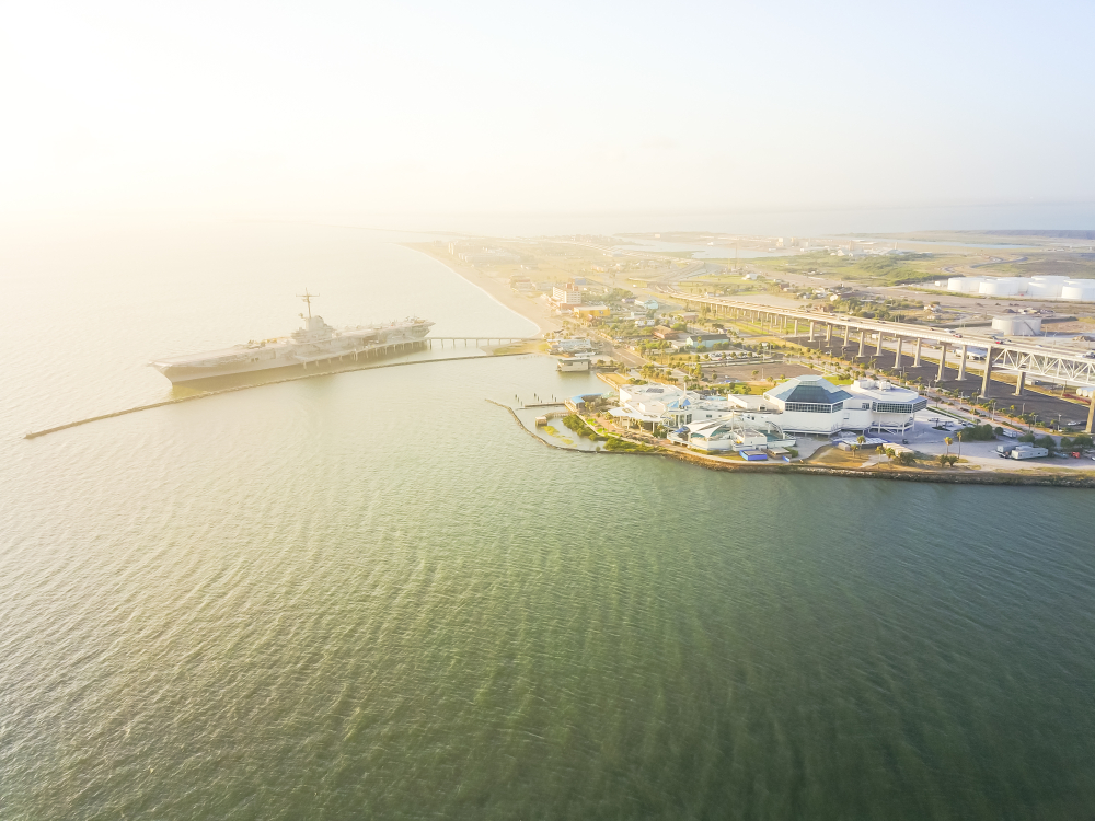 aerial view of a ship on the harbor