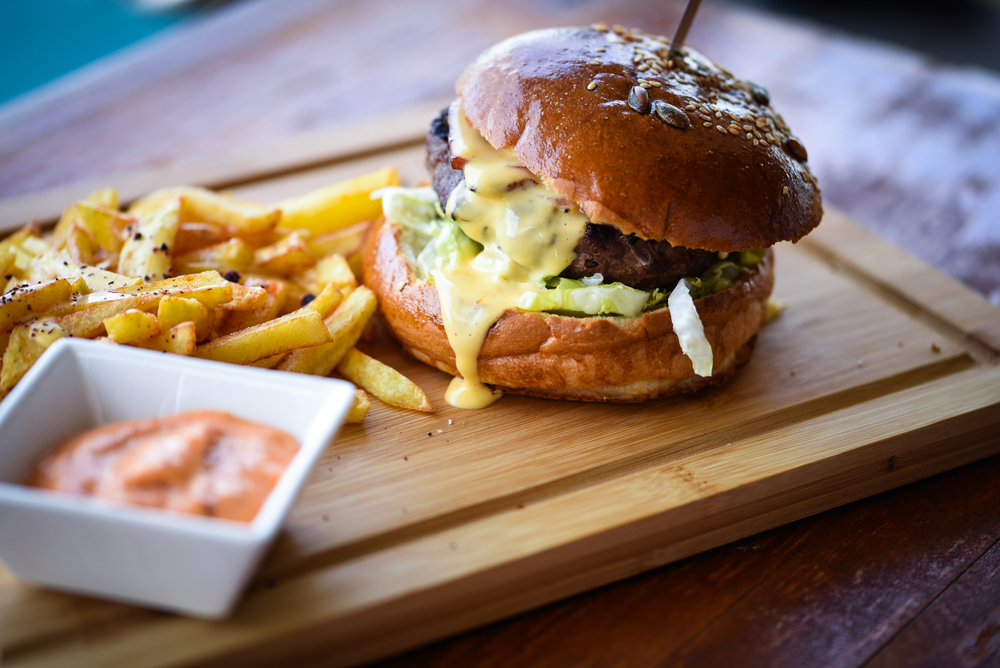 Burger on a wooden board