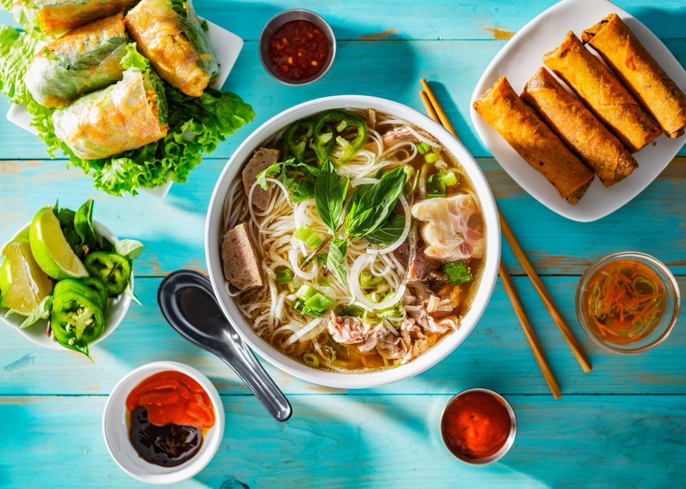 Vietnamese food on a blue bench