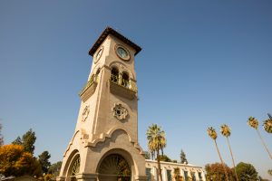 A historic clock tower in downtown Bakersfield, California.
