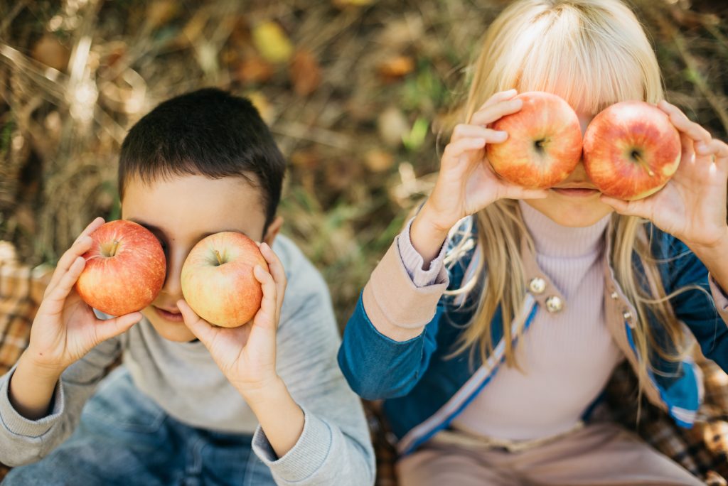 Two children in an apple orchard holding apples up to their eyes.