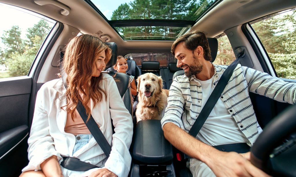 A family with a dog inside a car.