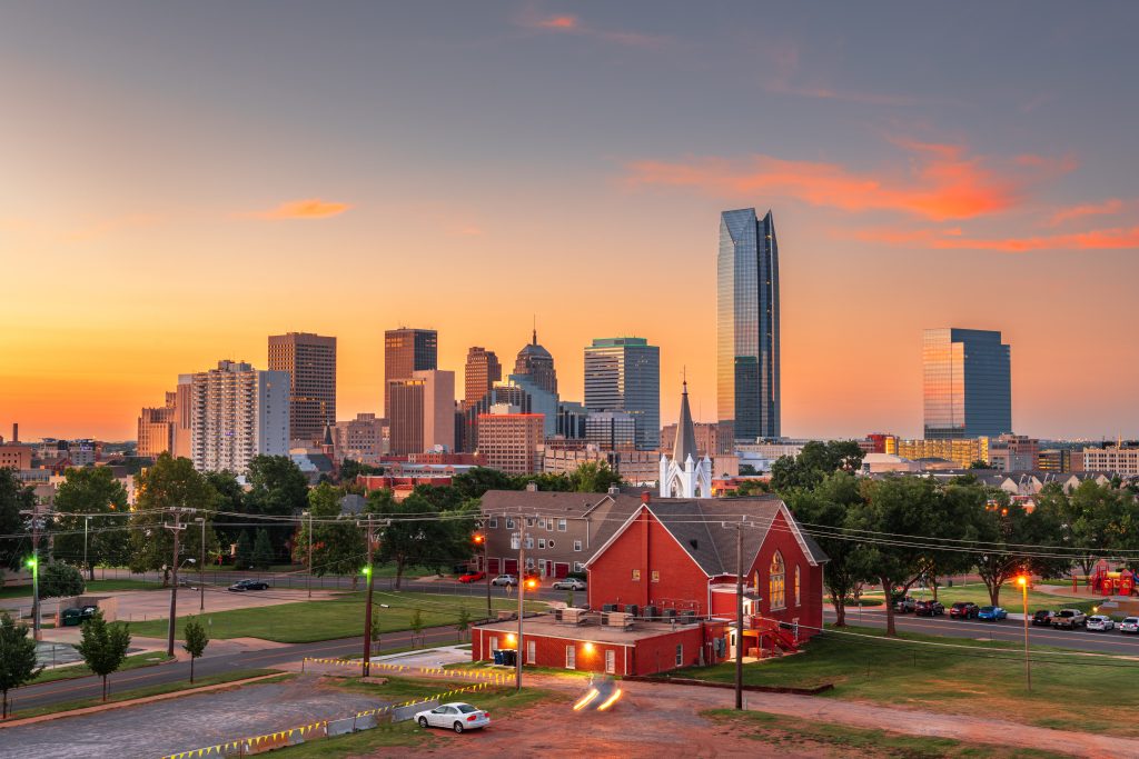 A skyline view of Oklahoma City at Sunset.