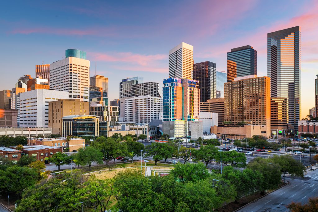 Houston, Texas skyline at sunset.