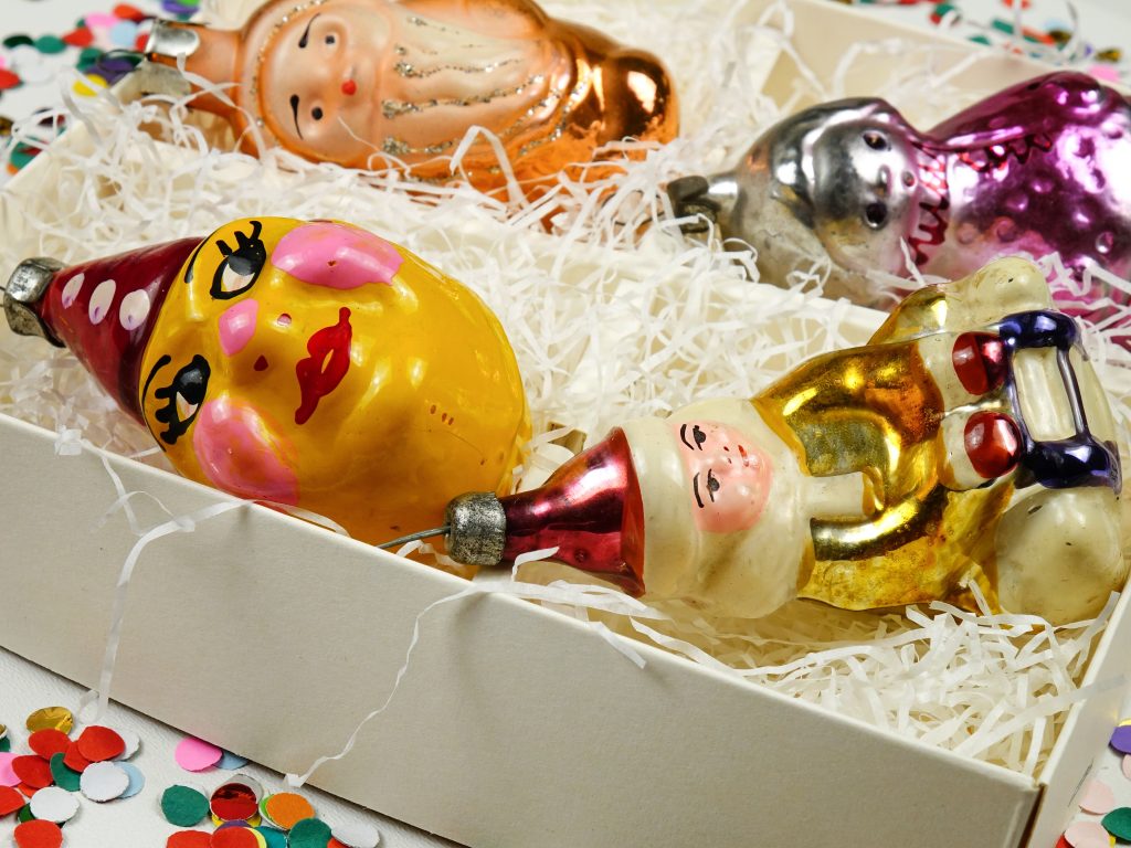 A box of christmas ornaments.