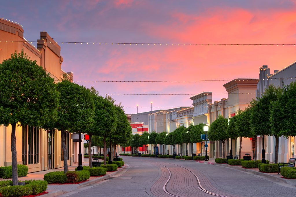 A residential street in Shreveport, Louisiana at sunset.