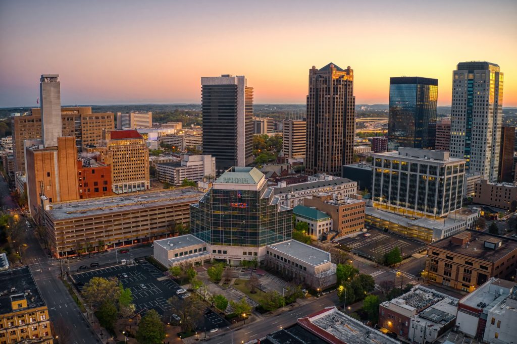 An aerial shot of Birmingham, Alabama at sunset.