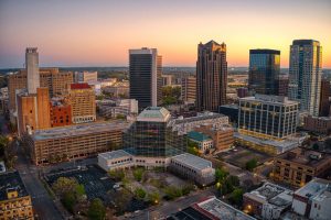An aerial shot of Birmingham, Alabama at sunset.