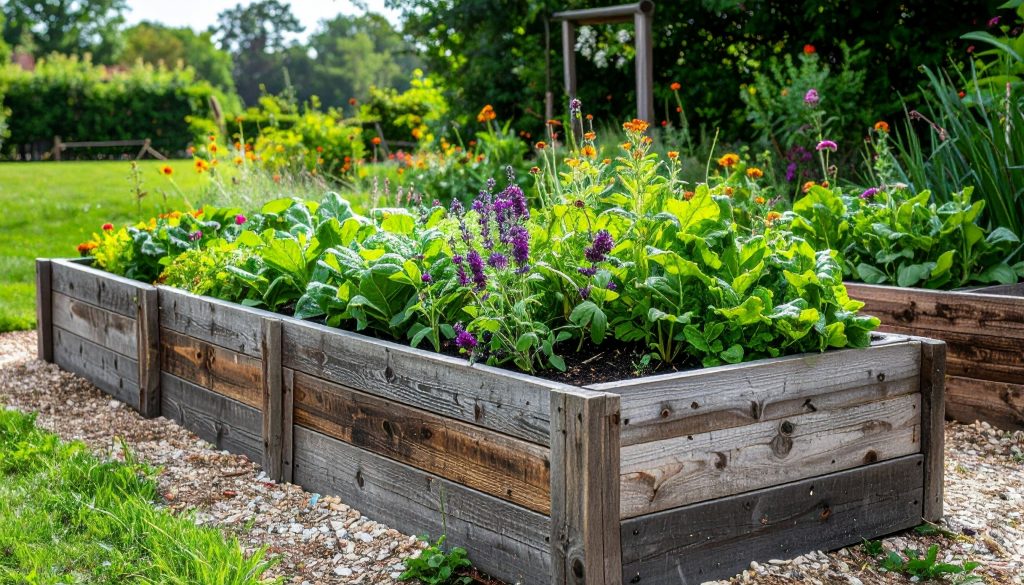 A planter box full of wildflowers and foliage.