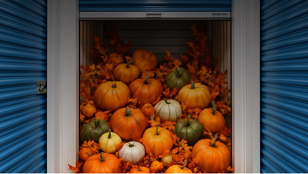 Pumpkins in a storage unit with blue doors