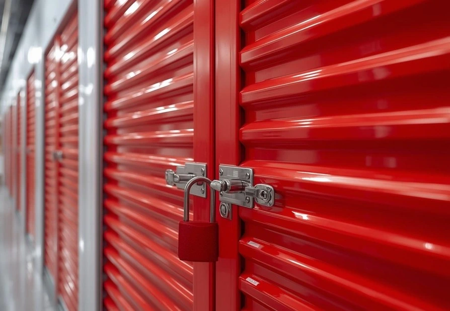 A long hallway in a modern indoor self-storage facility with bright red roll-up doors. One unit is open, revealing neatly stacked cardboard boxes and storage bins on metal shelving. The facility is decorated for St. Patrick's Day with green shamrock decals on the door frames and festive green garlands and a "Happy St. Patrick's Day" banner hanging across the top of the units.