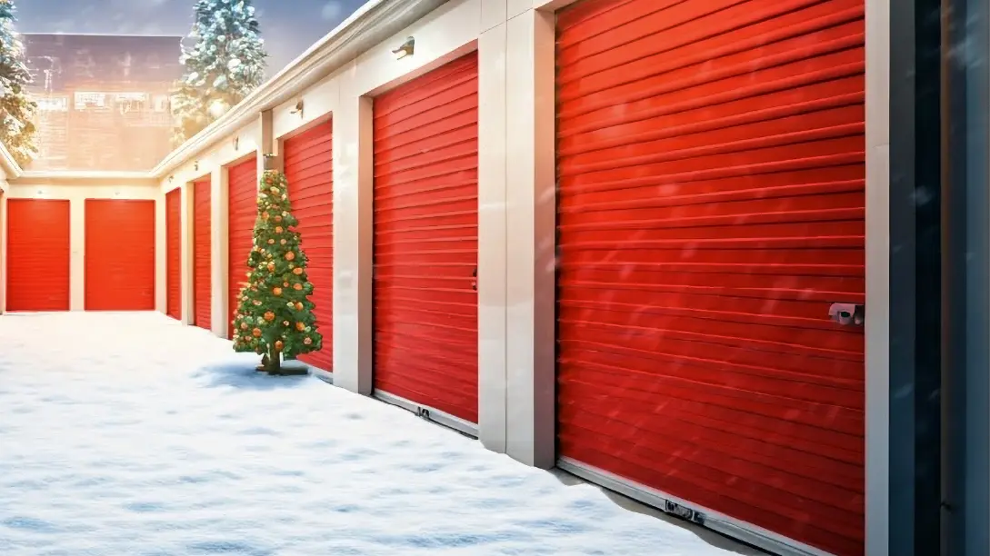 Christmas time at a storage facility with red doors