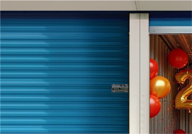 Christmas time at a storage facility with red doors