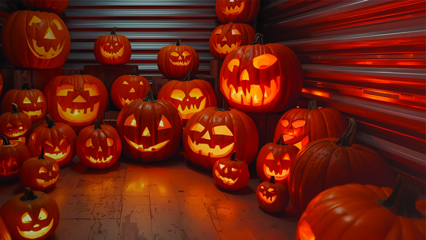 Pumpkins in a storage unit with blue doors