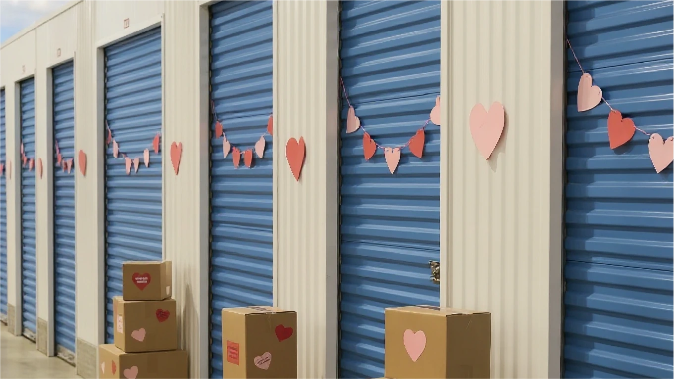 White lights and boxes in a storage unit.